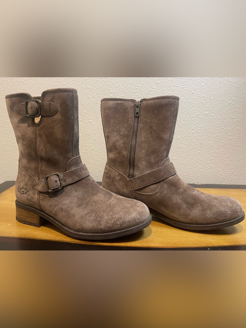 UGG Chaney Suede Buckle Moto Boots Brown Women's Size 9